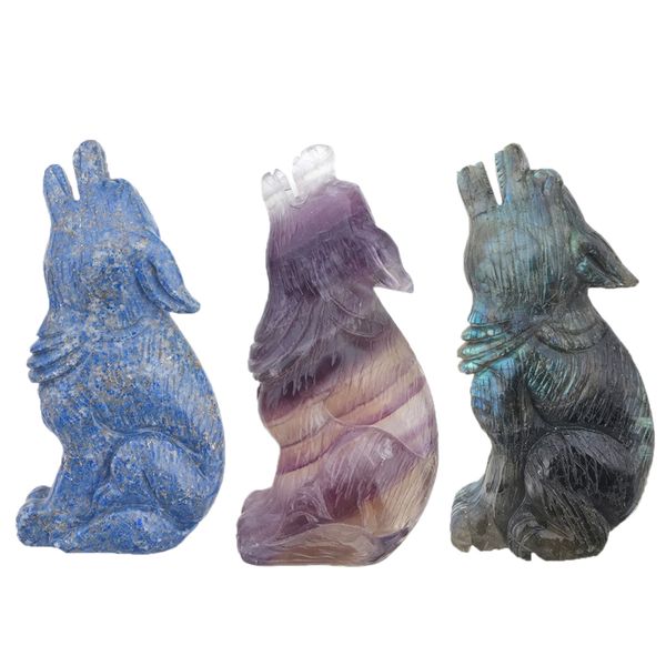 

dingsheng holiday gift natural quartz crystal wolf spirit beast wolves figurine fluorite labradorite hand carved crafts home decoration