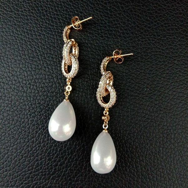 

teardrop white sea shell pearl cz pave post earrings, Silver