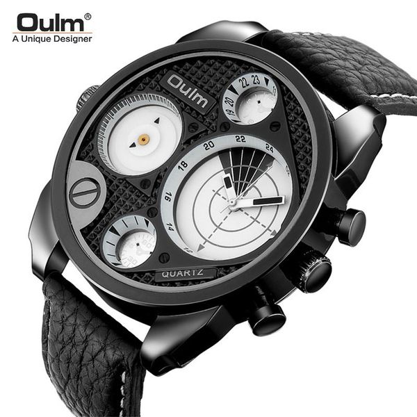 

oulm european luxury men's quartz watch dual time zone genuine leather men's watch new gtm dual time watch ing, Slivery;brown