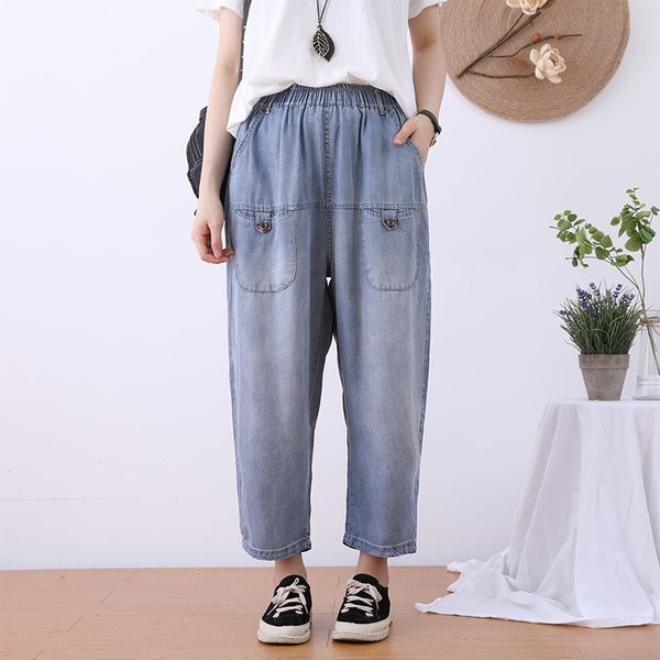 

women jeans pockets casual elastic waist new high waist 2020 summer thin loose straight harem capri-pants women trousers fashion, Blue