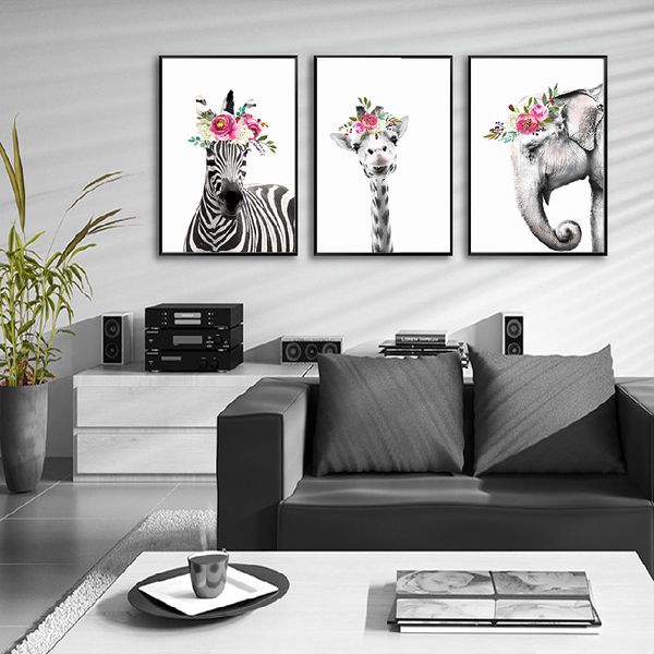 

cute animal giraffe and zebra poster art print elephant canvas painting picture home wall art aisle painting modern decoration