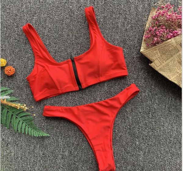 

новый сплит-купальник бикини чистого цвета, сексуальная молния для купальников европейских и американских женщин, 2019