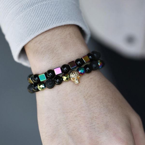 

8mm skull charm bracelet 2pc/set cool square cube natural lava glass beaded bracelet for men women hand jewelry gifts ldlbf58, Golden;silver