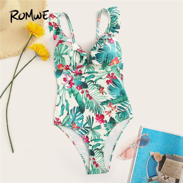 

romwe sport multicolor bikinis set floral tropical print ruffle trim one piece swimsuit women summer vacation push up monokini, White;black