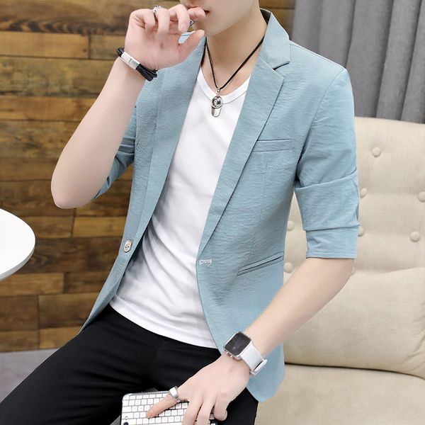 

summer cotton linen men blazers casual slim fit half sleeve blazer masculino thin solid suit jacket streetwear costume homme, White;black