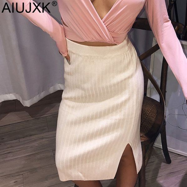 

aiujxk slip bodycon knitted skirt women high wasit fashion autumn winter streetwear casual office knee-length skirts ladies, Black