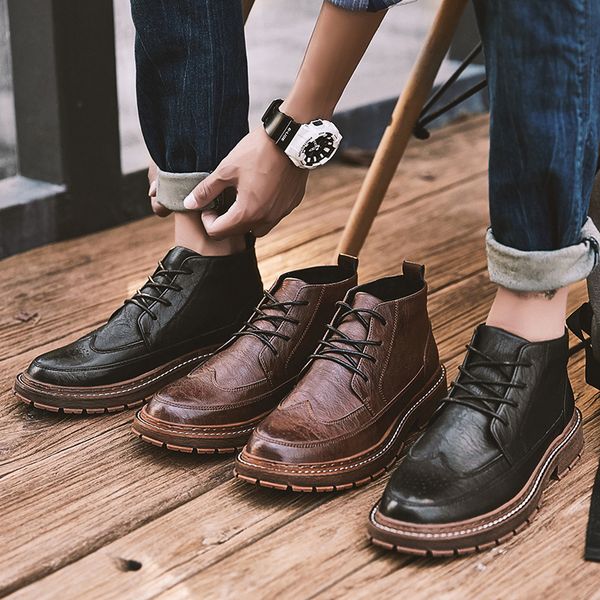 

hight-leather shoes men's casual shoes boots mid-british-style retro fashion short boots bullock versatile men's, Black