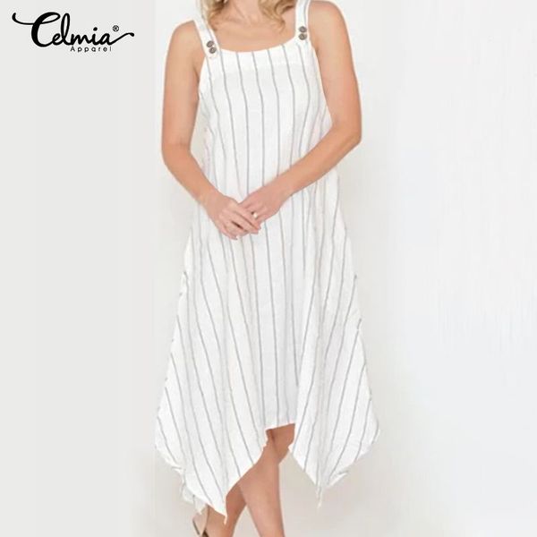 

5xl celmia striped cotton linen dress vintage women summer 2020 sleeveless asymmetrical midi sundress casual loose vestidos robe, Black;gray