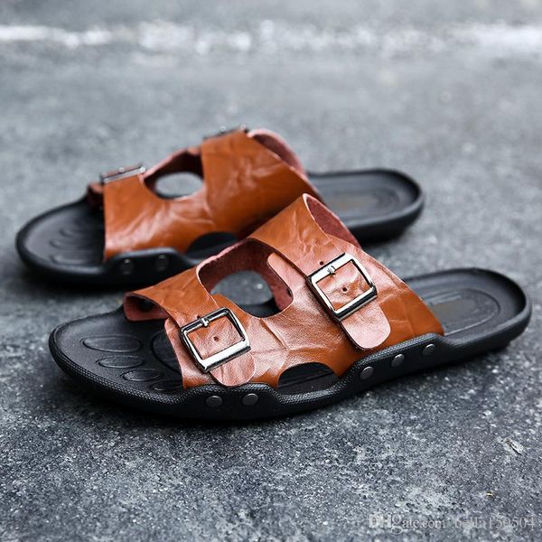 

genuine leather slippers mens flat sandals women shoes double buckle famous brand arizona summer beach flip flops high quality, Black