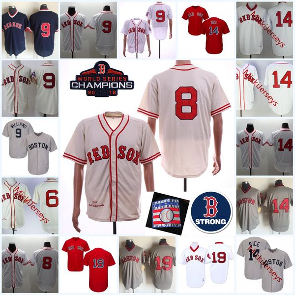 

Mens #14 Jim Rice HOF patch Jersey #6 Johnny Pesky #8 Carl Yastrzemski #9 Ted Williams #19 Fred Lynn B_ Strong Patch baseball Jerseys
