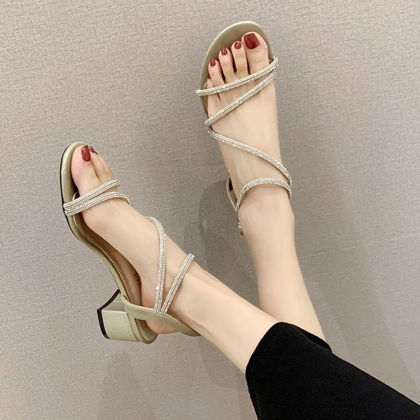 

all-match 2020 summer rhinestone sandals med block heels black shoes for women espadrilles platform ladies with medium chunky
