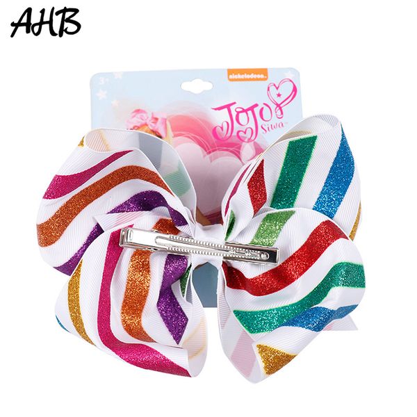 

selling 8 inch jojo clip jojo bows siwa rainbow printed knot ribbon bow hair clip children hair accessories jjbh18621, Slivery;white