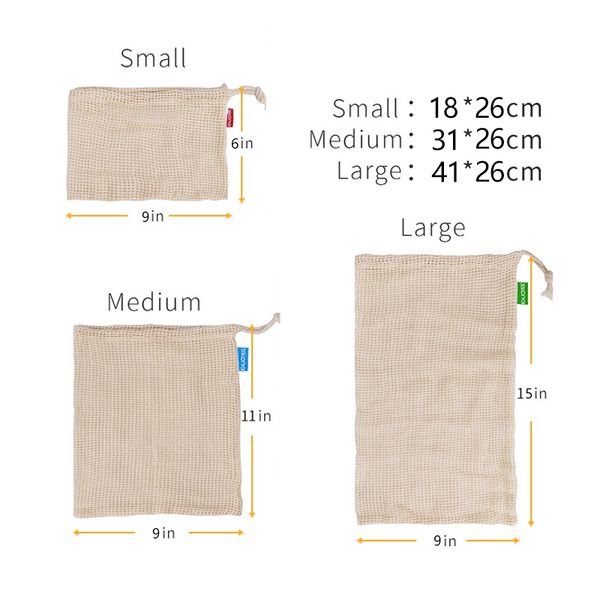 

многоразовые хлопковые растительные сумки главная кухня хранения фруктов и овощей сетчатые мешки с drawstring машинную стирку