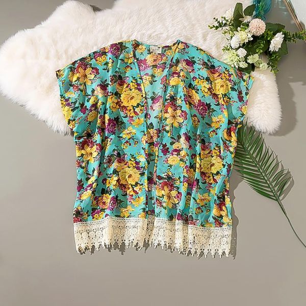 

discount beach style flower print summer kimono for women fashion chiffon blouse shirt stylish print kimono cardigan, White
