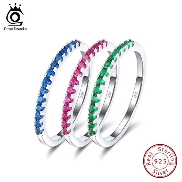 

925 silver rings orsa jewels sterling silver women shining half roll pave colorful cubic zircon rings daily gift jewelry sr188, Golden;silver