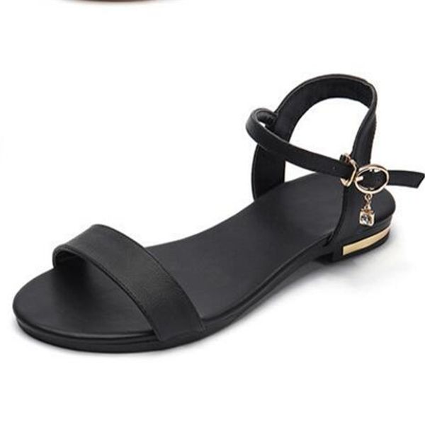 

plus size 34-46 new genuine leather sandals women shoes fashion flat sandals cow leather summer rhinestone ladies shoes, Black