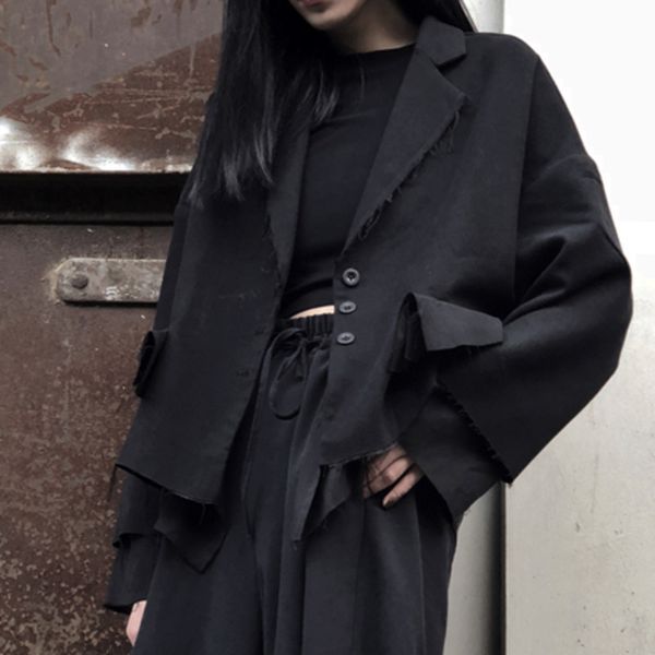 

lanmrem 2019 autumn and winter new casual fashion women loose plus solid color old raw edge stitching fake two wool coat tc768, Black