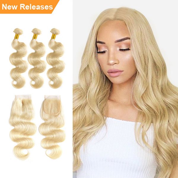 613 Blonde Human Hair Bundles With Closure Malaysian Body Wave 3