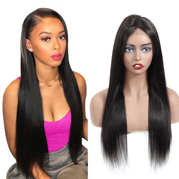 

4x4 lace frontal human hair wigs pre plucked 8-20inch indian straight lace frontal wigs natural color straight hair wig, Black;brown