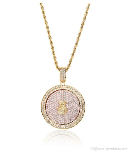 

хип-хоп денег долларов бриллианты кулон ожерелье для мужчин, женщин вращающейся роскоши кристалла круглых подвески 18k позолоченный медного, Silver