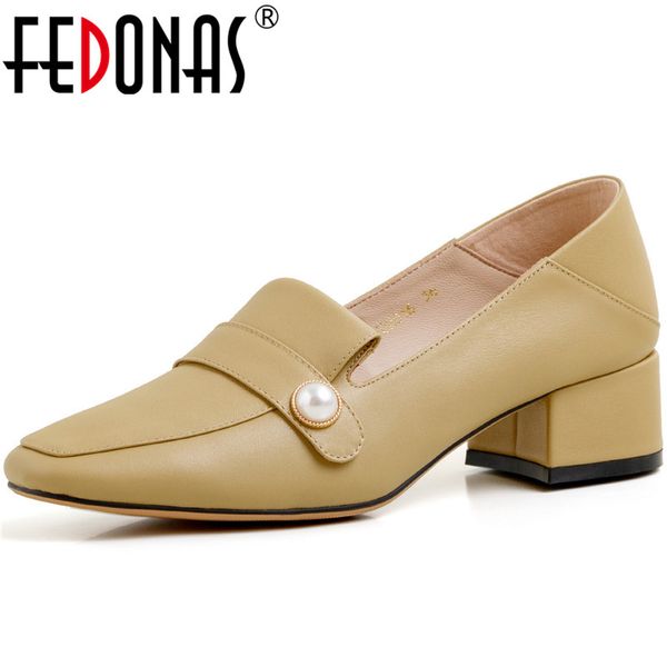 

fedonas roundtoe women sweet pearl decoration wedding pumps genuine leather summer spring square heeled shoes woman, Black