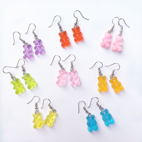 

2019 new arrival handmade resin cute cartoon gummy bear earrings for women girl creative transparent color candy earrings gift, Silver
