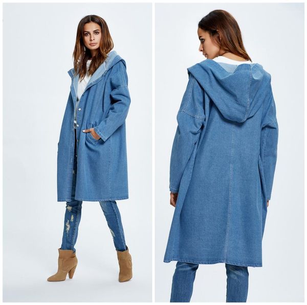 

long sleeve fashion denim jacket single breasted hooded jeans jacket womens designer trench coats size, Tan;black