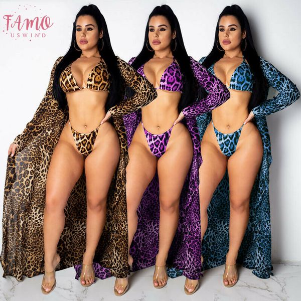 

2019 summer bikini 3pcs summer swimwear women leopard print bikini beach wear bikini set swimwear cover up candigan bathing suit, White;black