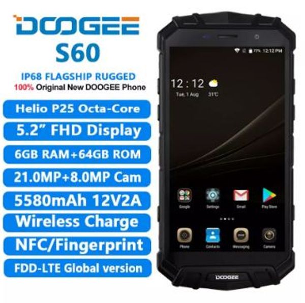 

Real IP68 DOOGEE S60 Беспроводная зарядка 5580 мАч 12V2A Быстрая зарядка 5,2 '' FHD Helio P25 Octa Core 6 ГБ 64 ГБ Смартфон 21.0MP Камера