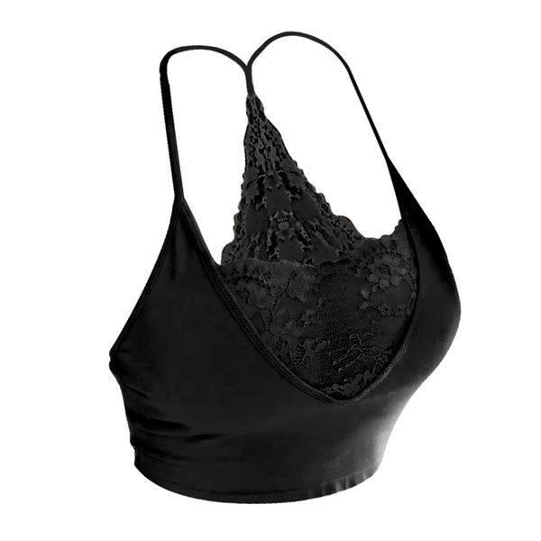 

black lace sheer bralette bra strappy crisscross back crop top, Red;black