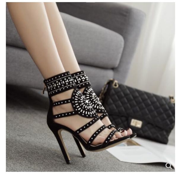 

summer european tour in 2020 roman shoes hollow out laser diamond thin and 11 centimeters high heels sandals, Black