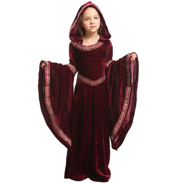 

girls medieval renaissance vintage vampire cosplay custome halloween for kids role play wine red, Black;red