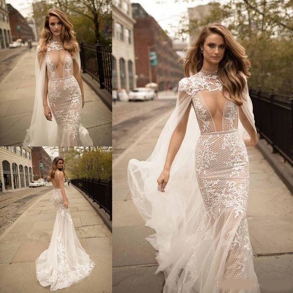 

2020 berta lace mermaid wedding dresses with detachable cape plunging neck backless bridal gowns sweep train tulle appliques wedding dress, White