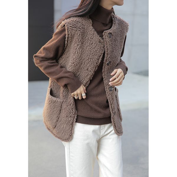 

wool blended fleece vest jacket women fall winter vests, Black;white