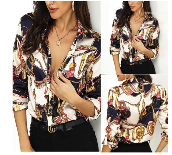 

casual elegant loose long sleeved lapel neck shirts fashion womens shirts golden chain printed designer shirts women, White
