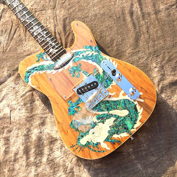 

rare chinese dragon natural spalted maple tl electric guitar real abalone & white peal dragon inlay, chrome hardware, vintage tuners