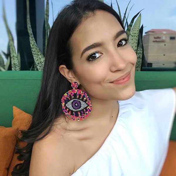 

new funny special designer cute lovely big eye fashion exaggerated colorful beaded circular pendant stud earrings jewelry for woman, Golden;silver