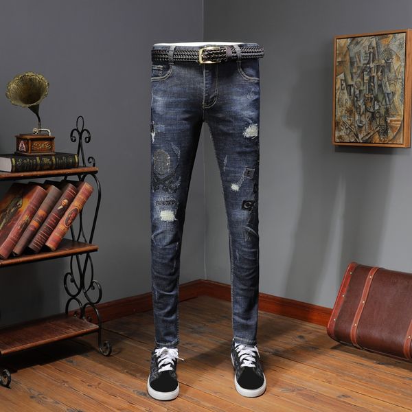 

casual men ripped embroidery jeans streetwear blue jean pencil pants