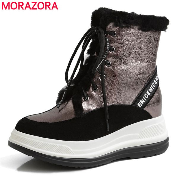 

morazora 2020 new winter boots women shoes 100% nature wool cow leather thick fur warm snow boots lace up platform ankle, Black