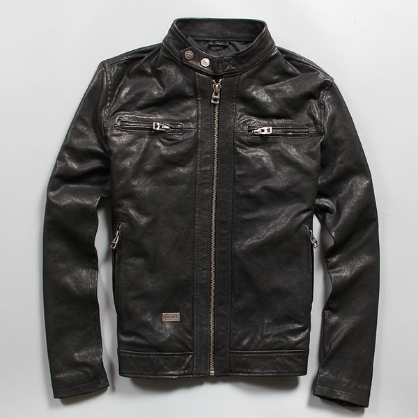 

2020 men's genuine leather jacket real sheep goat skin male bomber motorcycle leather jacket men slim fit casual biker jacket, Black