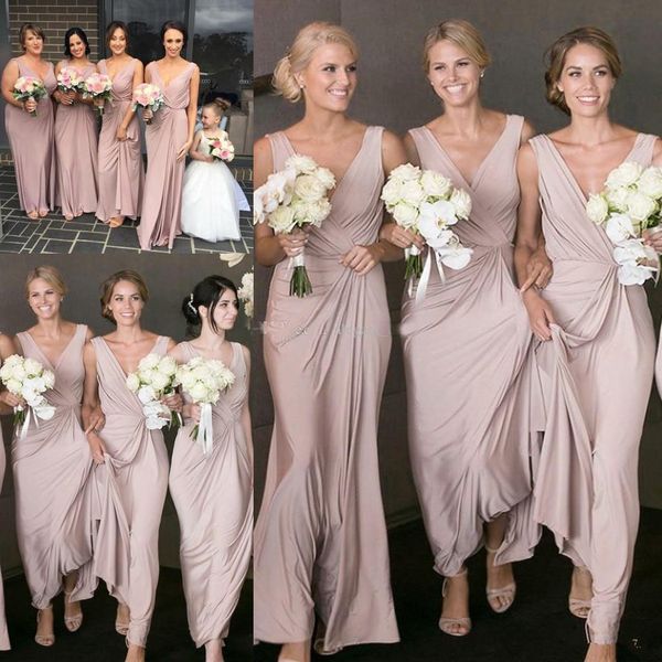 

2019 vintage Blush Pink Long Bridesmaids Dresses Deep V Neck Beach Wedding Guest Party Dress Sexy Vestido de Novia