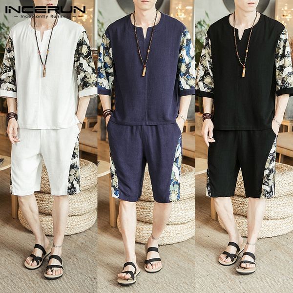 

summer chinese style cotton men sets 2020 patchwork v neck half sleeve vintage shirts streetwear shorts casual mens suit incerun, Gray