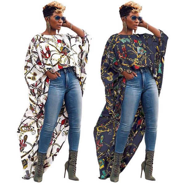 

irregular long for female big gold chain printed short front long back fashion blouse short sleeve tees, White