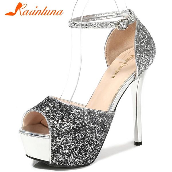 

karin 2020 sequined cloth summer sandals woman shoes platform thin high heels buckle strap party shoes women, Black