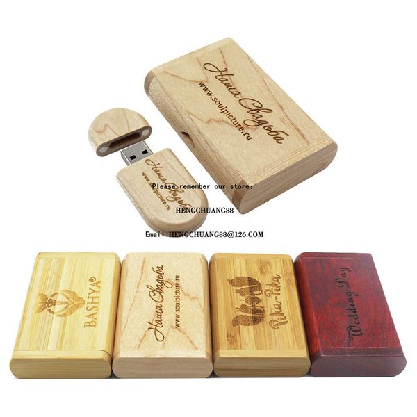 Free Personalizar logotipo USB flash drive 1/2/4/8/16/22/64 / 128GB Caneta pen drives de madeira USB vara de bordo Carve artwork wood u disco 32GB com caixa de madeira