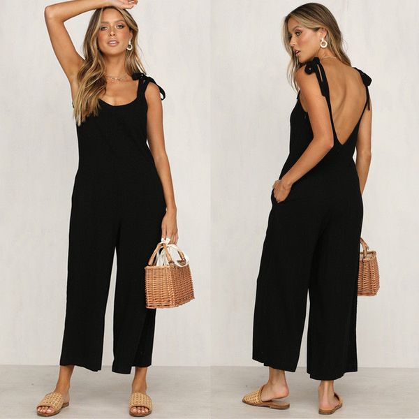 

women's jumpsuits & rompers womens backless jumpsuit playsuit women solid sleeveless loose long trousers, Black;white