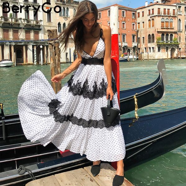 

berrygo polka dot mesh women long dress spagetti strap lace up v neck white summer dresses holiday beach female vestidos, Black;gray