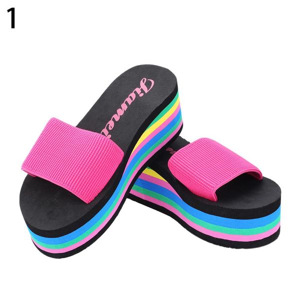

women's summer rainbow color platform wedge beach slippers sandals high heels, Black
