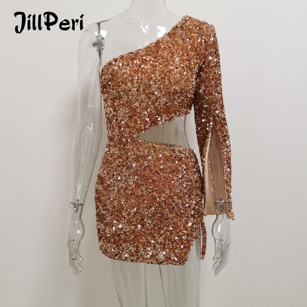 

jillperi women one shoulder sequin dress luxury sparkle gold rose waist hollow out ultra short outfit club wear party dress, Black;gray