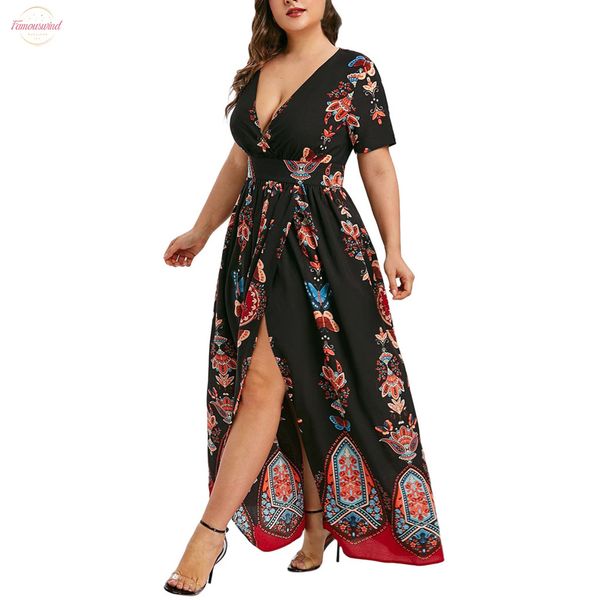 

plus size dress fashion women butterfly long dress v neck short sleeve casual high waist pleated side split vestidos new, Black;gray